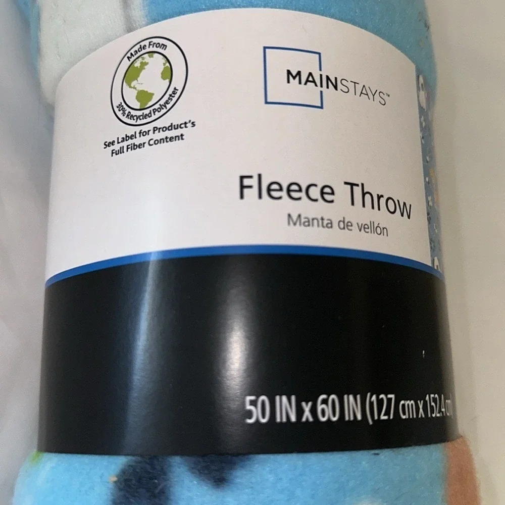 Mainstays Spring Dog Fleece Throw Blanket Blue Floral Puppy Bee 50x60 NEW